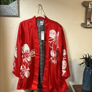Chico's Red and White Floral Robe Intimates & Sleepwear